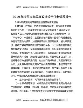 2019年度落实党风廉政建设责任制情况报告