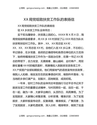 XX局党组致扶贫工作队的表扬信