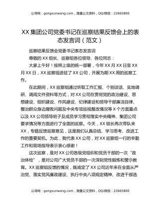 XX集团公司党委书记在巡察结果反馈会上的表态发言词（范文）