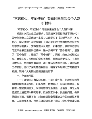 “不忘初心、牢记使命”专题民主生活会个人剖析材料