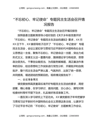 “不忘初心、牢记使命”专题民主生活会召开情况报告