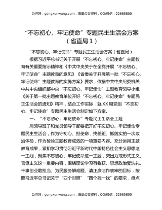 “不忘初心、牢记使命”专题民主生活会方案（省直局1）