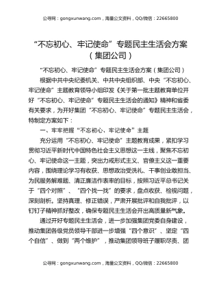 “不忘初心、牢记使命”专题民主生活会方案（集团公司）