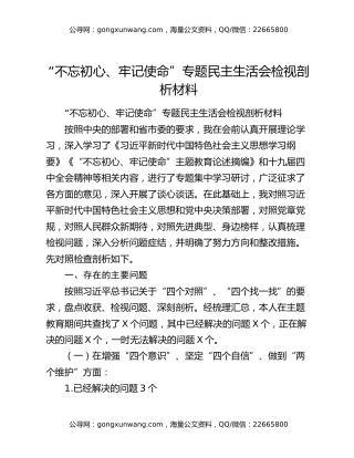 “不忘初心、牢记使命”专题民主生活会检视剖析材料