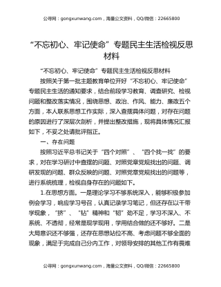 “不忘初心、牢记使命”专题民主生活检视反思材料