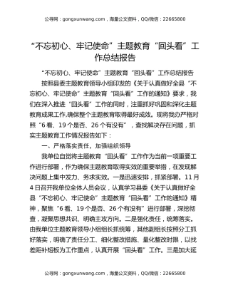 “不忘初心、牢记使命”主题教育“回头看”工作总结报告