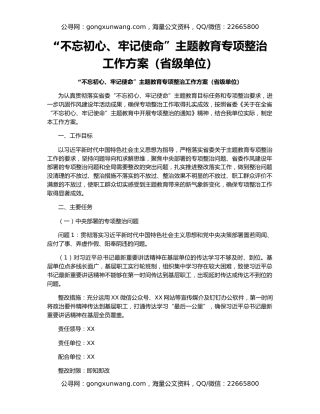 “不忘初心、牢记使命”主题教育专项整治工作方案（省级单位）