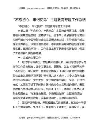 “不忘初心、牢记使命”主题教育专题工作总结