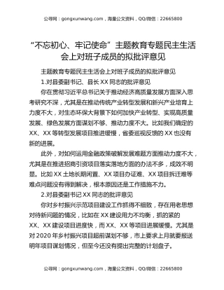 “不忘初心、牢记使命”主题教育专题民主生活会上对班子成员的拟批评意见