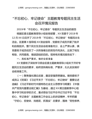 “不忘初心、牢记使命”主题教育专题民主生活会召开情况报告
