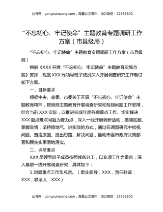 “不忘初心、牢记使命”主题教育专题调研工作方案（市县级局）