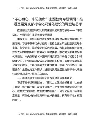 “不忘初心、牢记使命”主题教育专题调研：推进基层党支部标准化规范化建设的调查与思考