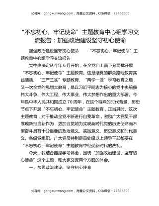 “不忘初心、牢记使命”主题教育中心组学习交流报告：加强政治建设坚守初心使命