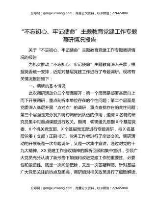 “不忘初心、牢记使命”主题教育党建工作专题调研情况报告