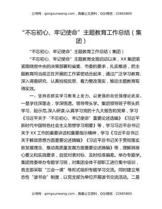 “不忘初心、牢记使命”主题教育工作总结（集团）