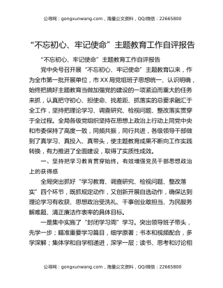 “不忘初心、牢记使命”主题教育工作自评报告