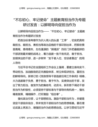 “不忘初心、牢记使命”主题教育担当作为专题研讨发言：以鲜明导向促担当作为