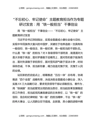 “不忘初心、牢记使命”主题教育担当作为专题研讨发言：用“铁一般担当”干事创业