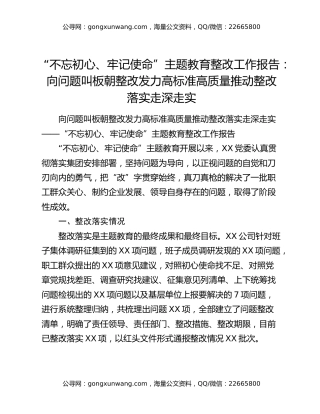 “不忘初心、牢记使命”主题教育整改工作报告：向问题叫板朝整改发力高标准高质量推动整改落实走深走实