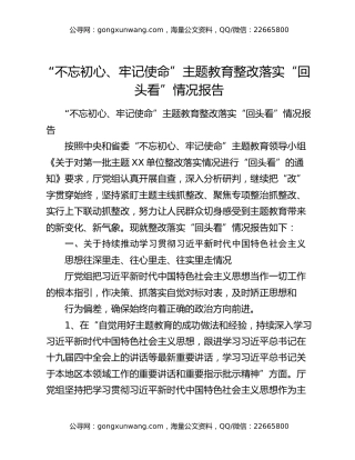 “不忘初心、牢记使命”主题教育整改落实“回头看”情况报告（2）