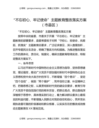 “不忘初心、牢记使命”主题教育整改落实方案（市县区）