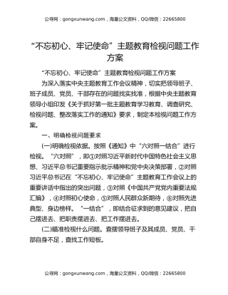 “不忘初心、牢记使命”主题教育检视问题工作方案
