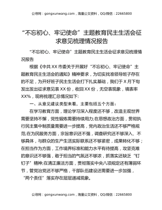 “不忘初心、牢记使命”主题教育民主生活会征求意见梳理情况报告