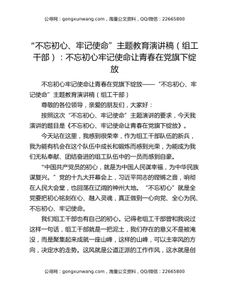 “不忘初心、牢记使命”主题教育演讲稿（组工干部）：不忘初心牢记使命让青春在党旗下绽放