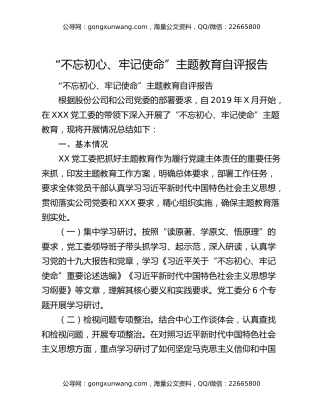 “不忘初心、牢记使命”主题教育自评报告