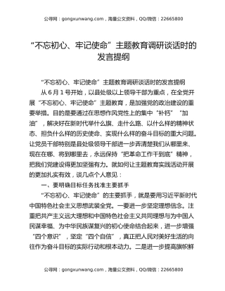 “不忘初心、牢记使命”主题教育调研谈话时的发言提纲