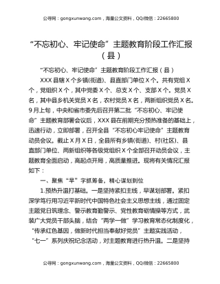“不忘初心、牢记使命”主题教育阶段工作汇报（县）