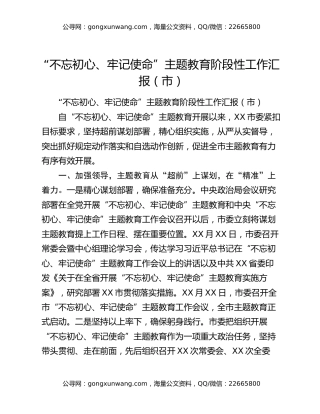 “不忘初心、牢记使命”主题教育阶段性工作汇报（市）