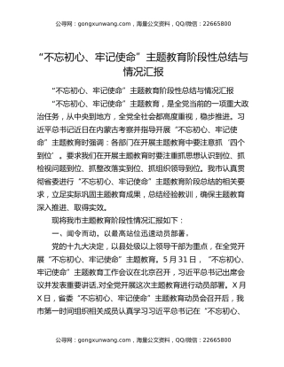 “不忘初心、牢记使命”主题教育阶段性总结与情况汇报