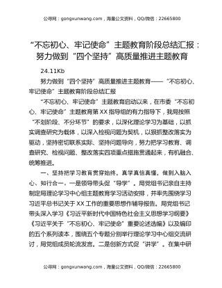 “不忘初心、牢记使命”主题教育阶段总结汇报：努力做到“四个坚持”高质量推进主题教育