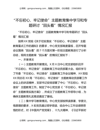 “不忘初心、牢记使命”主题教育集中学习和专题研讨“回头看”情况汇报