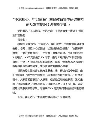 “不忘初心、牢记使命”主题教育集中研讨主持词及发言提纲（迎接指导组）