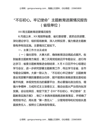 “不忘初心。牢记使命”主题教育进展情况报告（省级单位）