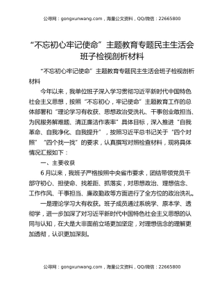 “不忘初心牢记使命”主题教育专题民主生活会班子检视剖析材料