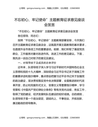 不忘初心、牢记使命”主题教育征求意见座谈会发言