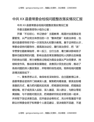 中共XX县委常委会检视问题整改落实情况汇报