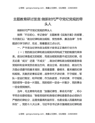 主题教育研讨发言做新时代严守党纪党规的带头人