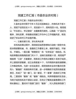 党建工作汇报（市县农业农村局）