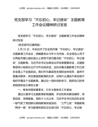 党支部学习“不忘初心、牢记使命”主题教育工作会议精神研讨发言