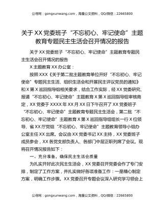 关于XX党委班子“不忘初心、牢记使命”主题教育专题民主生活会召开情况的报告