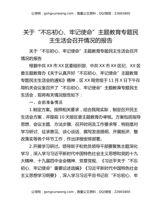 关于“不忘初心、牢记使命”主题教育专题民主生活会召开情况的报告