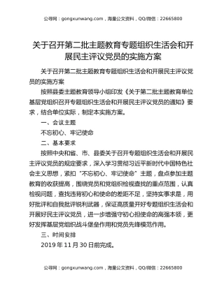 关于召开第二批主题教育专题组织生活会和开展民主评议党员的实施方案