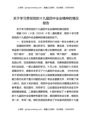 关于学习贯彻党的十九届四中全会精神的情况报告