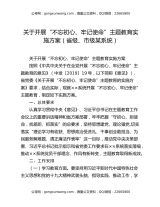 关于开展“不忘初心、牢记使命”主题教育实施方案（省级、市级某系统）