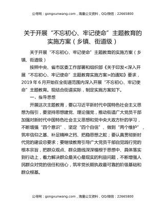 关于开展“不忘初心、牢记使命”主题教育的实施方案（乡镇、街道级）