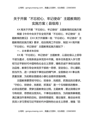 关于开展“不忘初心、牢记使命”主题教育的实施方案（县级局）